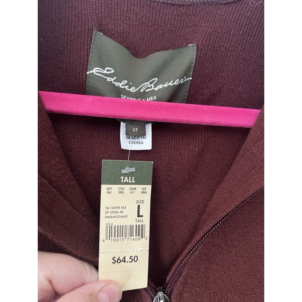 NWT Eddie Bauer Men's Fleece Convector Half-Zip Sweater Sz L TALL Wine Mahogany - Picture 6 of 10